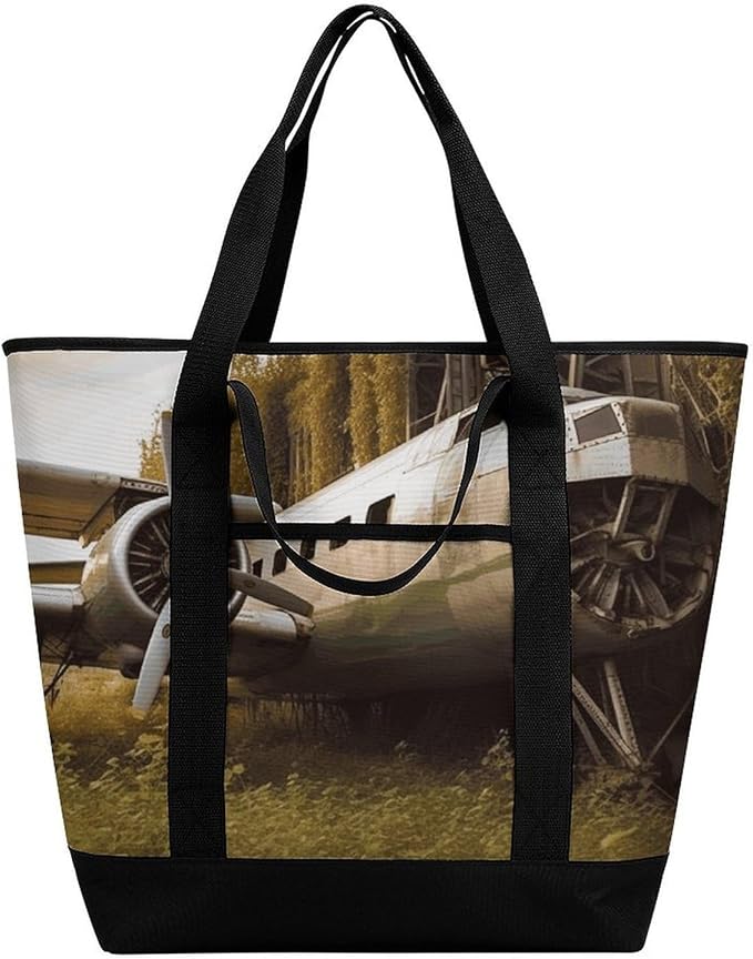 Insulated Shopping BagLarge Reusable Cooler Bags Abandoned Plane Printed Foldable Shopping BagTravel Waterproof Shoulder Bag