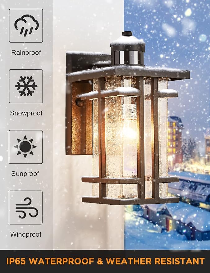 Motion Sensor Outdoor Wall Light Dusk to Dawn Outside Wall Sconce with Seeded Glass Exterior Light Fixtures Wall Mount 3 Modes Motion Activated Outdoor Porch Wall Lantern IP65 Waterproof Black