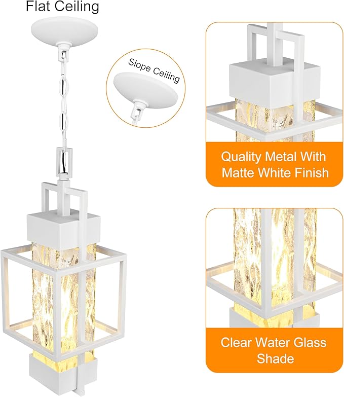 PARTPHONER 15 Outdoor Indoor Pendant Light Exterior Hanging Lantern Modern Metal Outside Chandelier Light Fixture Ceiling Mount with Water Glass for Front Porch Entrance Foyer Entryway White