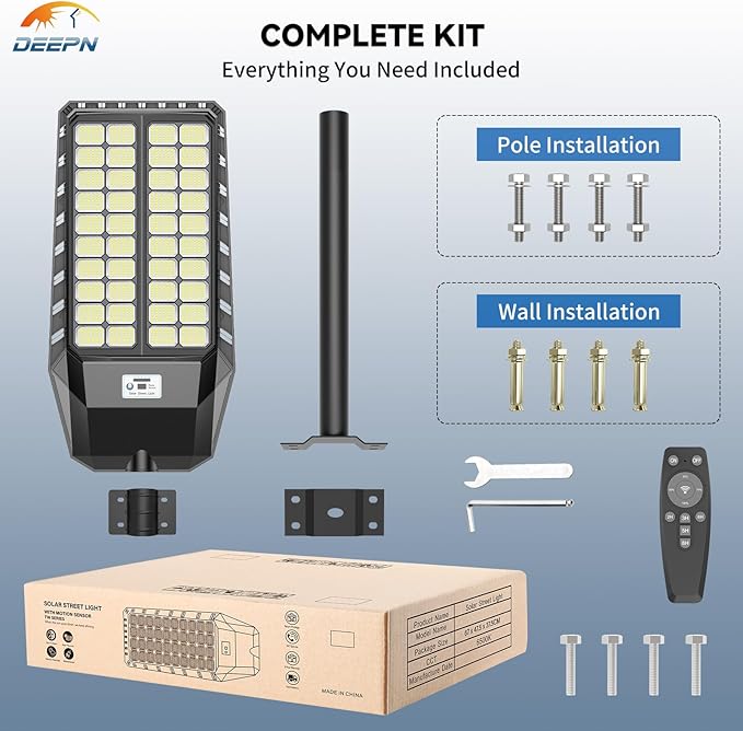 Deepn Solar Street Lights Outdoor 9000W Solar Parking Lot Lights 360000 Lumens Solar Lights Outdoor IP67 Waterproof Dusk to Dawn Motion Sensor Outdoor Lights for Yard with Remote Control