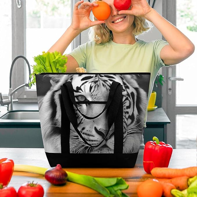 Insulated Shopping BagLarge Reusable Cooler Bags Black White Tiger Printed Foldable Shopping BagTravel Waterproof Shoulder Bag