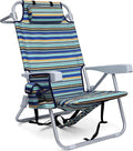 Backpack Beach Chair for Adults Folding Beach Chair with 4 Positions Heavy Duty Chair with Large Cooler Pouch Support to 350LBS (Stripes_Blue&ampCyan&ampYellow)