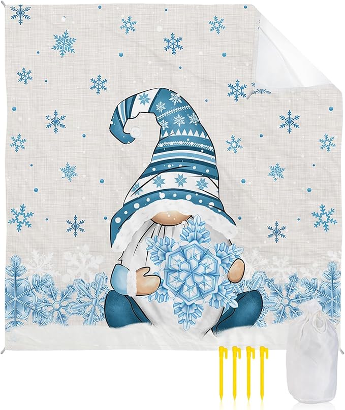 Beach Blanket Waterproof Sandproof Merry Christmas Cute Farm Dwarf Quick Drying Beach Mat with 4 Stakes Blue Snowflake on Linen Lightweight Picnic Blanket for Travel Camping Outdoor 83x79