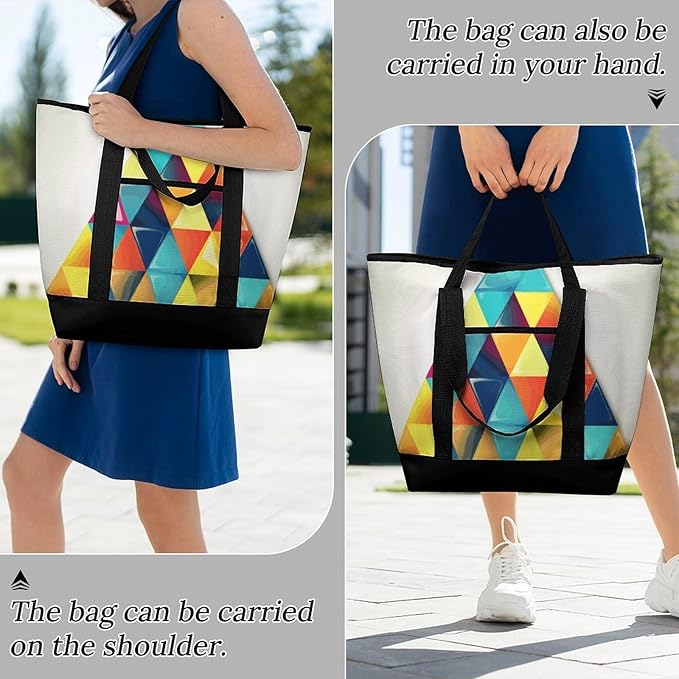 Insulated Shopping BagLarge Reusable Cooler Bags Colorful Triangle Printed Foldable Shopping BagTravel Waterproof Shoulder Bag