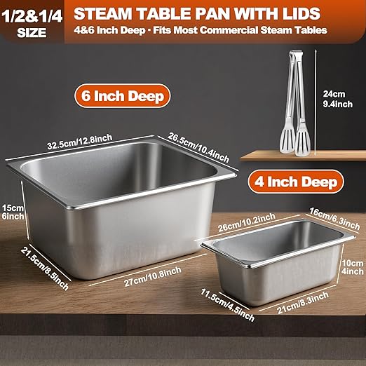 4 Set Hotel Pans with Lids 2 × 1/2 Size 6'' Deep &amp 2 × 1/4 Size 4'' Deep Steam Table Pans with Lid &amp Clip Anti-Jam Stainless Steel Metal Hotel Pans for Home Party Hotel Buffet Catering Food