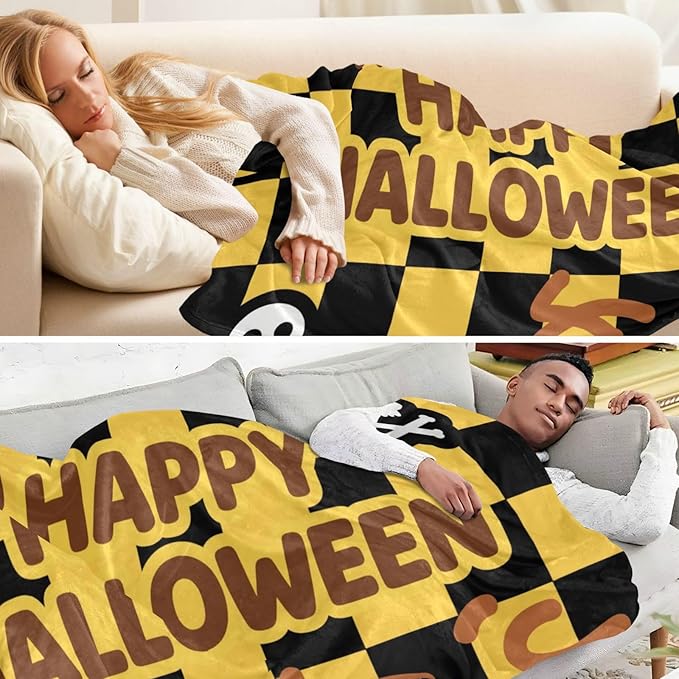 Happy Halloween Yellow Black Checkered Soft Cozy Couch Throws Large Cozy Blanket for Party Sofa Bed Living Room 50x70