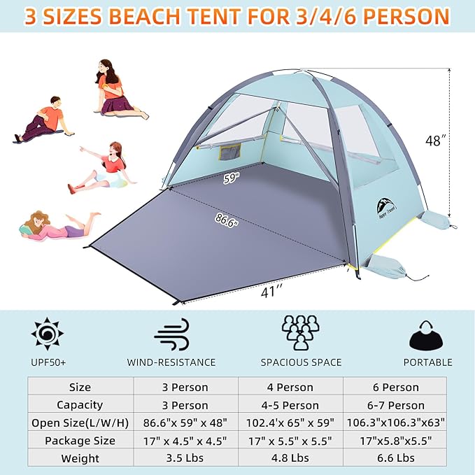 Happy Travel Beach Tent UPF 50+ UV Protection Sun Shade Shelter for 3/4/5/6/7/8 Person Portable Beach Canopy for Family &amp Baby Lightweight &amp Easy Setup Beach Cabana with 3 Ventilation Mesh