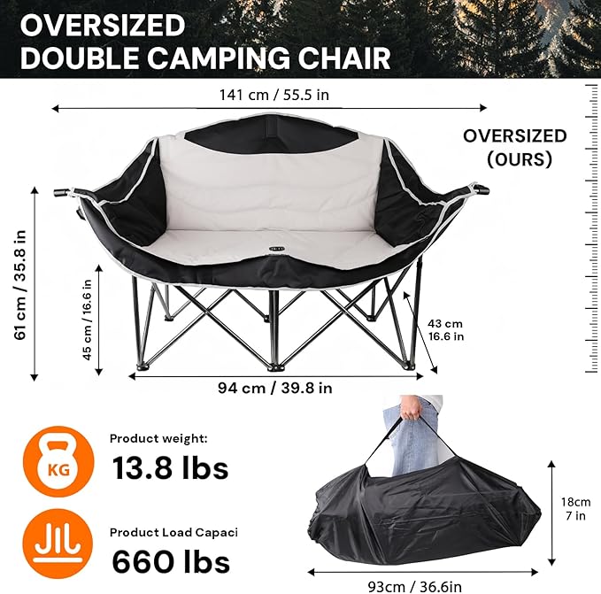 Double Camping Chair Adults Oversized Padded Camping Chair Outdoor Folding Chair loveseat Camping Chair with Cup Holders Outdoor Lawn Backyard (Black/Grey)