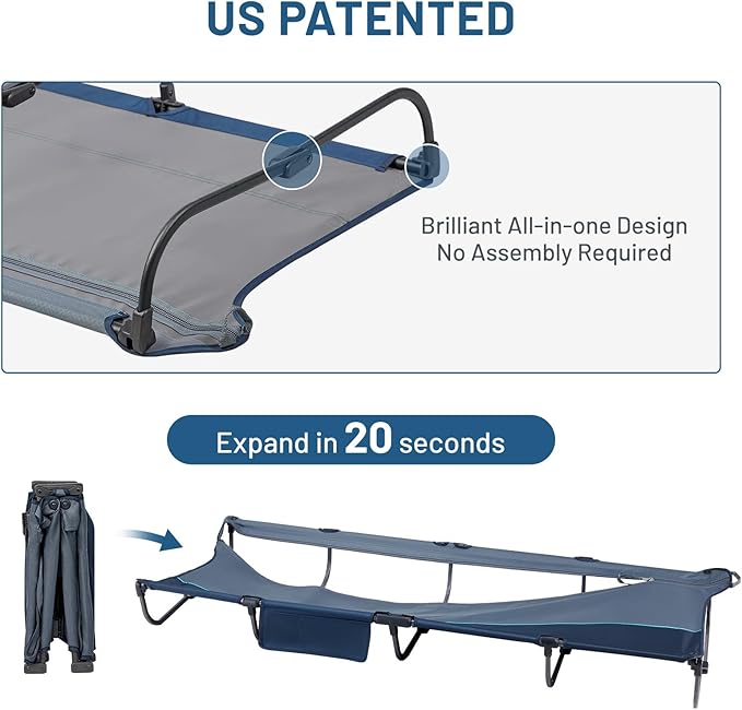 TIMBER RIDGE 20-Second Quick Set-Up Camping Cot Lightweight Aluminum Folding Cot with Zipper Closure Portable Carry Bag Included for Camping Travel and Outdoors Support up to 225lbs Blue