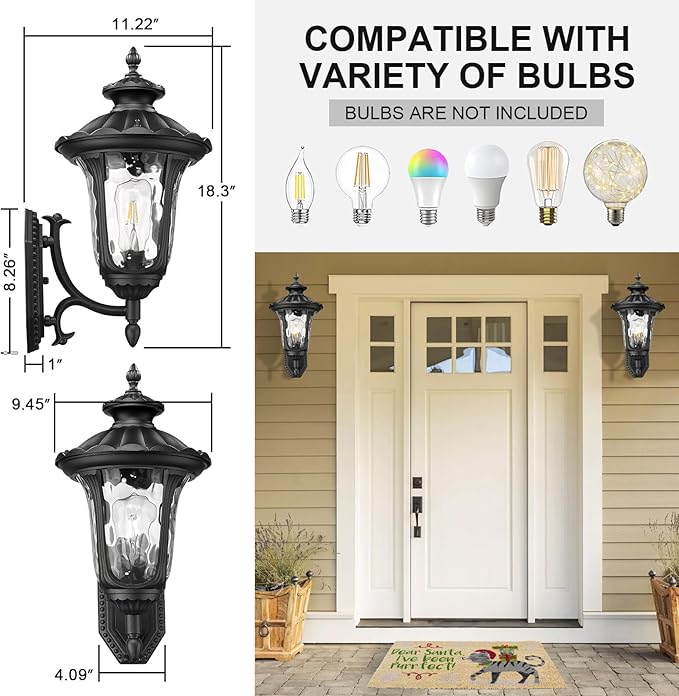 Outdoor Light Fixtures Wall Mount Waterproof Exterior Wall Lanterns with Waer Ripple Glass Outside Sconces Front Porch Lights for House Garage Doorway Patio