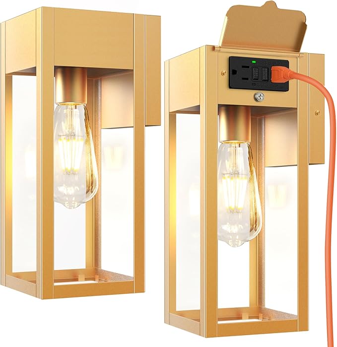 2 Pack Porch Lights Outdoor Wall Sconce Outdoor Light with GFCI Outlet Waterproof Exterior Wall Lantern Light Fixtures Anti-Rust Wall Lamp with Clear Glass for Patio Doorway Garage- Gold