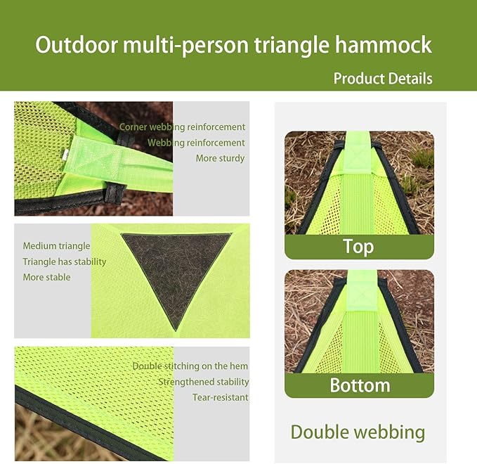 Triangle Hammock 10FT Heavy Duty 300LBS-1000LBS Capacity for 1-3 Person Portable Camping Hammock with Storage Bags Multi-Person Hammock for Outdoor Backpacking Travel (Green-2.8m-150kg)