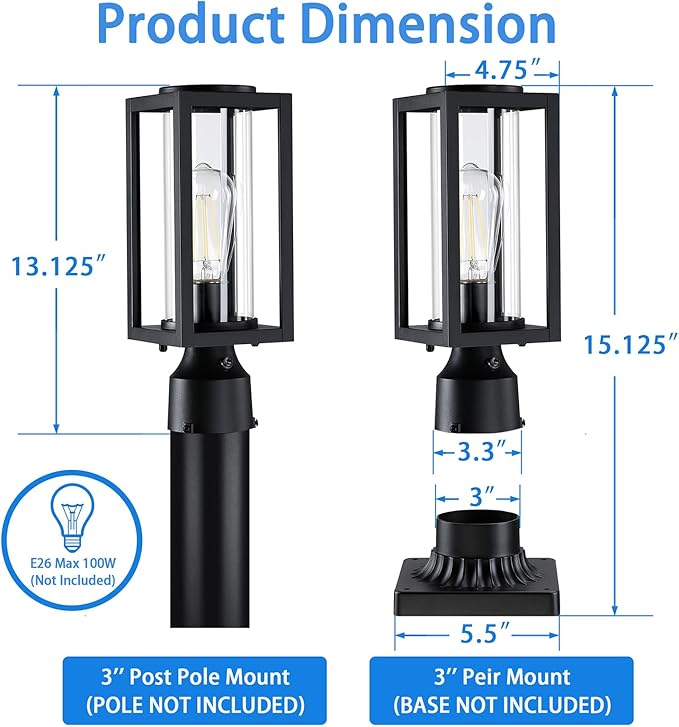 Dusk to Dawn Outdoor Post Lights 2 Packs Lamp Post Light Fixture Modern Black Exterior Post Lantern Fixture with Tempered Glass Anti-Rust Light Posts for Outside for Driveway Patio Garden