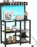 Rack with Power Outlet and LED Lights Bakers Racks for Kitchens with Storage Industrial Microwave Stand with Glass Holders Metal Basket Multiple Shelves Gray