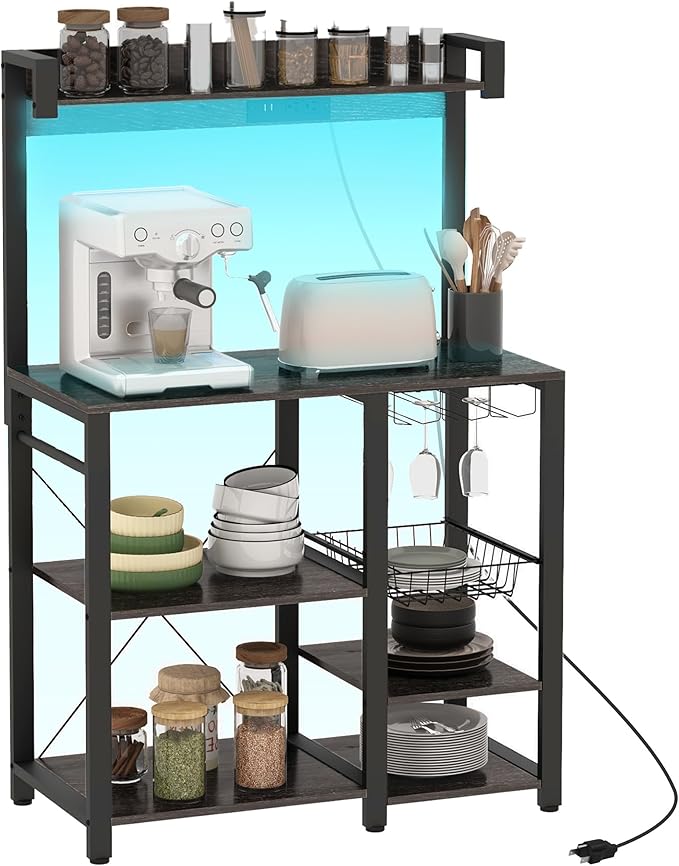 Rack with Power Outlet and LED Lights Bakers Racks for Kitchens with Storage Industrial Microwave Stand with Glass Holders Metal Basket Multiple Shelves Gray