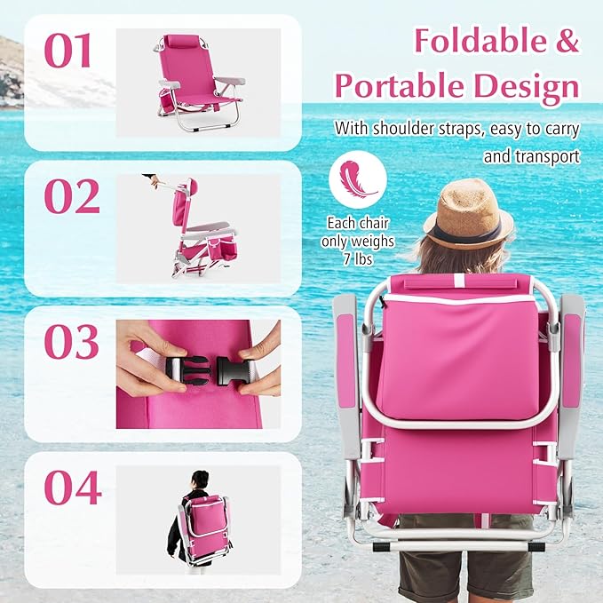 Goplus Beach Chair 2 Pack 330lbs Folding Backpack Chairs for Adults with 5 Positions Storage Pockets Towel Bar &amp Headrest Foldable Low Beach Lounge Portable Aluminum Lay Flat Camping Chair