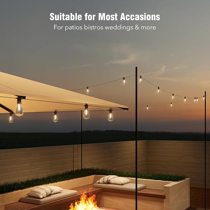 LED Outdoor String Lights 50FT Waterproof Patio Lights with 27 (25+2 Spare ST38 Shatterproof Replaceable Bulbs) Connectable Dimmable Outside Hanging Light for Porch Garden Deck Bistro Backyard