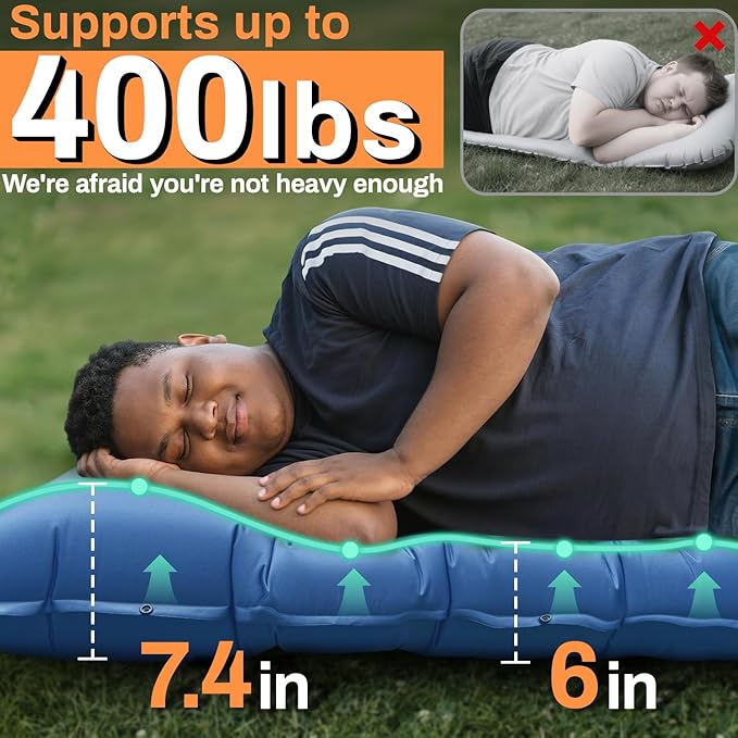 Sleeping Pad 6 Inch Sleeping Mat Camping Self Inflating Sleeping Pad for Camping with Pillow Built-in Foot Pump Ultralight Sleeping Pad Backpacking for Travel Hiking Tent Outdoor Adventure Camp Gear