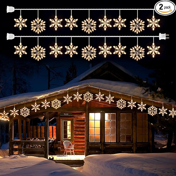 Snowflake Christmas String Lights with 9 Drops - 13ft 150 Mini Bulb Icicle Lights with Hooks Plug-in Connectable Hanging Lights for Christmas Home Indoor Outdoor Party Wedding Holiday Décor 2 Pack
