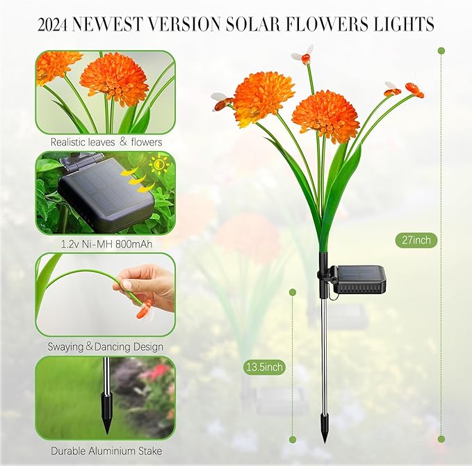 Solar Garden Lights 4 Pack Solar Swaying Bee Lights with Flowers Waterproof Firefly Light Outdoor for Garden Patio Yard Pathway Fall Decoration Gifts for Women Mother's Day