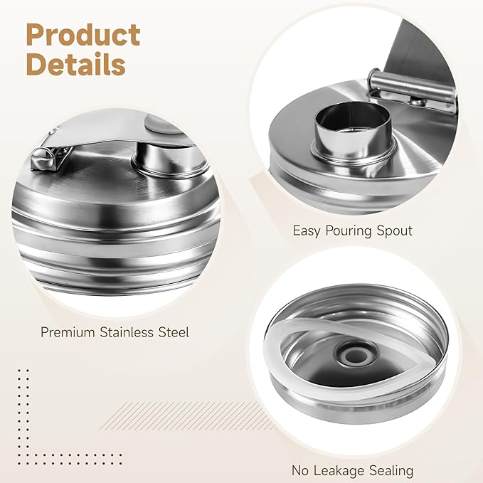 Steel Mason Jar Pour Spout Lids 4 Pcs 3.4-Inch Round Thread Design Leak Proof Rust Proof Seal Pitcher Cover Stainless