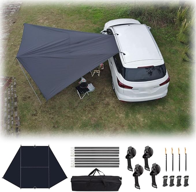Car Side Awning Tent for VW Tiguan 2010-2025 SUV 5-Seater Oxford Fabric Camping Vehicle Side Sun Shelter Portable Tailgate ShelterBlack-2m Iron Rod Set