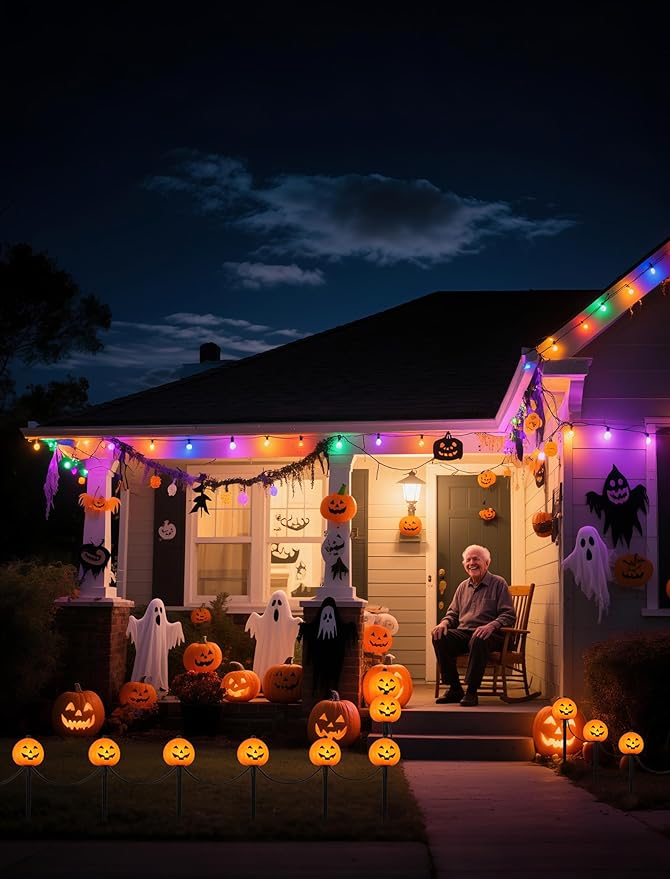 4 Pack Halloween Pumpkin Pathway Marker Lights with C7 Clear Bulbs 7Ft Pumpkin Night Light with 4 Stakes Extendable Waterproof Pathway Decor for Yard Porch Lawn Pathway Garden Chirstmas