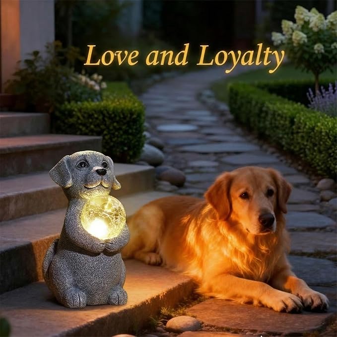 Dog Garden Statues - 8.4 Dog Decor with Gazing Ball LED Lights Unique Gifts for Mom Grandma Birthdays Outdoor Decor for Outside Lawn Porch Patio (Gray)