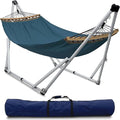 Tranquillo Ultimate Relaxation Portable Hammock Stand Foldable Hammock Stand with Canvas Hammock Spreader Bar Quick Fold Unfold in 30 Seconds Steel Frame Hammock 600 lbs Capacity White/Blue
