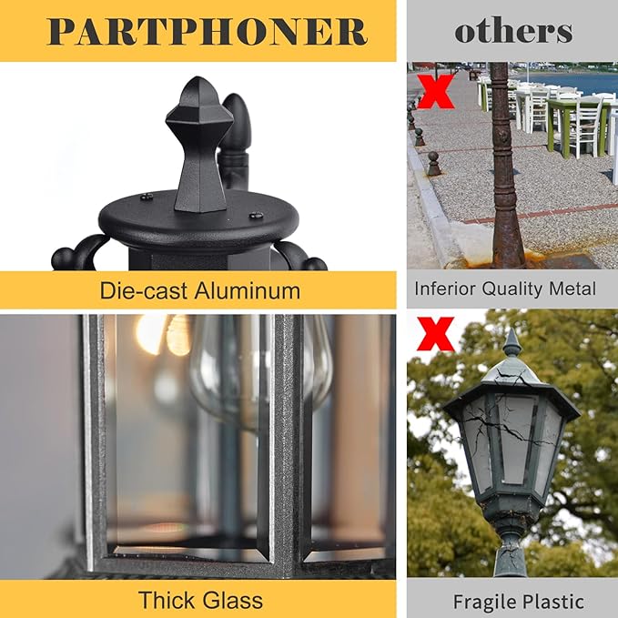 Aluminum Outdoor Lamp Post Birdcage Hardwired Street Light Post for Outside 3-Head Pole Light Modern Lamp Post Outdoor Lighting with Clear Glass Panels for Garden Patio Backyard Walkway Driveway