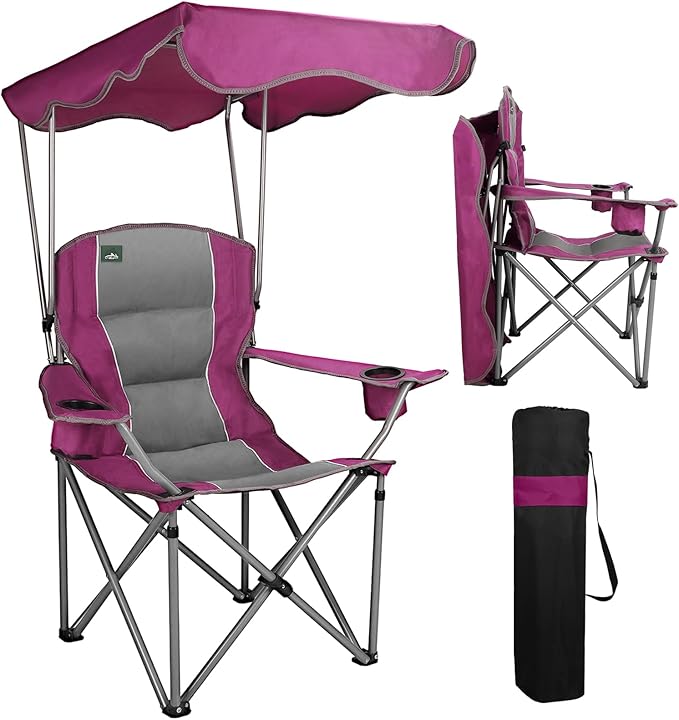 Northroad Folding Camping Chairs with Canopy Shade Beach Chair w/Cup Holders Armrests &amp Carry Bag for Outdoors Travel Sports Fishing Purple