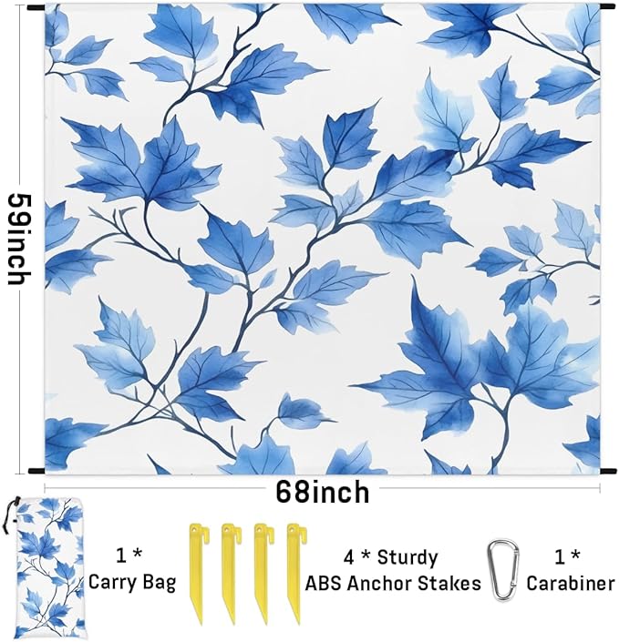 Waterproof Sandproof Beach Blanket 59''×68'' Branch Blue Leaves Polyester Outdoor Picnic Blanket with 4 Stakes &amp Storage Bag for BeachCampingVacation White