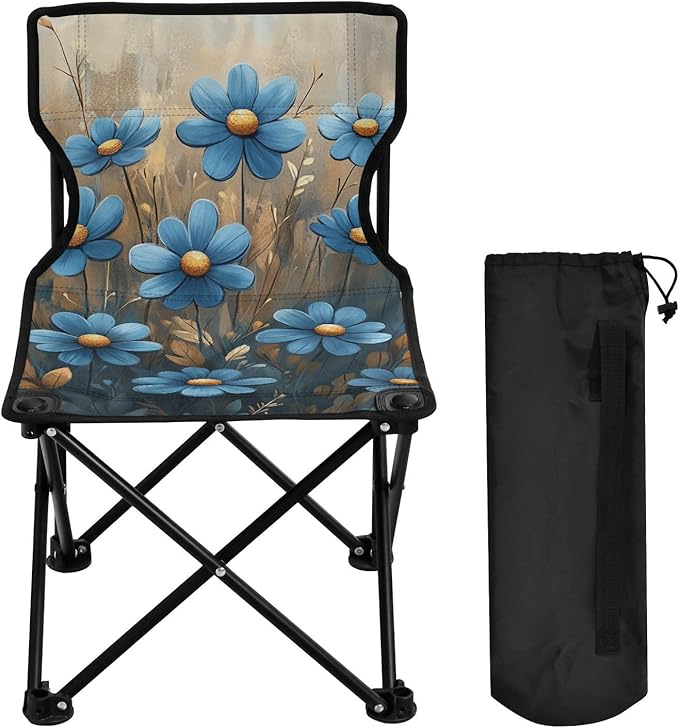 Chic Blue Daisies Flowes Oil Painting Folding Portable Beach Chairs for Traveling Ultralight Compact Folding Chair with Carrying Bag Ice Fishing Chairs for Adults for Hiking Sports