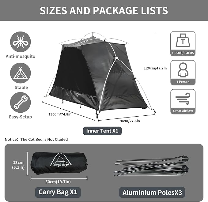 TENPLAY 1-Person Cot Tent FlysheetMust be Used with Matching Inner Tent LightweightWaterproof Sun ProtectionNylon Easy SetupExpandable Rainfly for Camping Hiking Backpacking Picnics