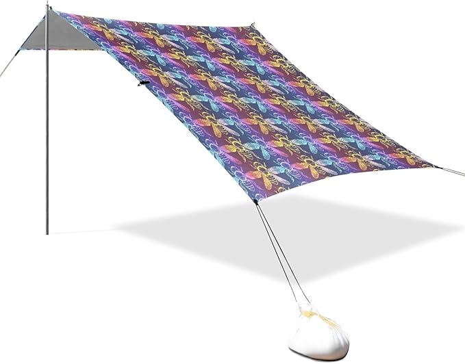 ALAZA Bee Rainbow Color Beach Tent Sun Shelter UPF50+ Protection Beach Shade Canopy w/ 4 Sandbags for Outdoor Camping Fishing Backyard Fun Picnic 10x9 ft