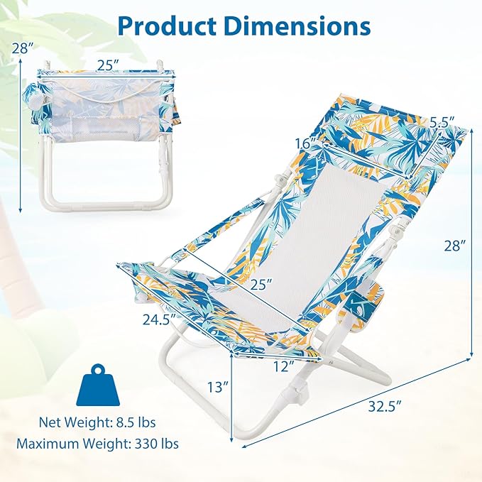 Giantex 2-Pack Folding Beach Chair Low Lawn Chairs with Padded Head Pillow Mesh Back Cup Holder and Armrests Portable Outdoor Lounge Chair for Camping Sunbathing Picnic Fishing
