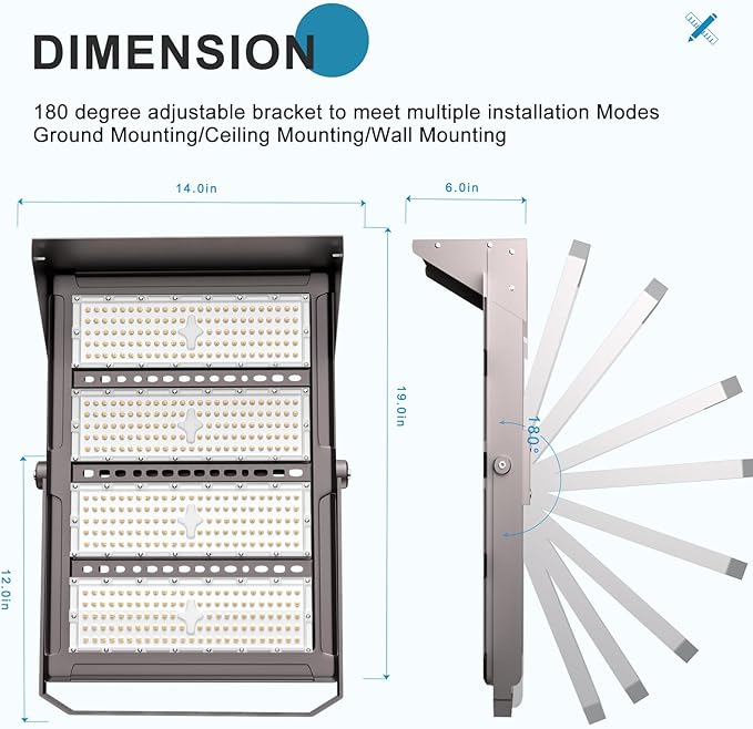 Upgrade 500W LED Flood Light Outdoor with Brim 75000Lm Led Stadium Light with Adjustable Bracket IP65 AC100-277V Commercial Area Lighting for Backyard/Basketball Court-2Pack