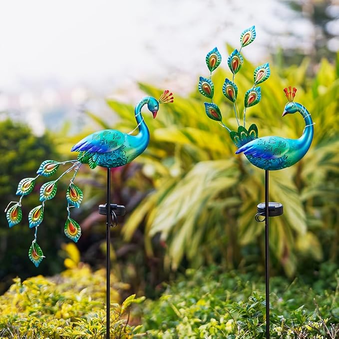 DREAMSOUL Peacock Solar Lights Outdoor 2 Pack Waterproof Outdoor Solar Lights for Yard Pathway Peacock Garden Decor