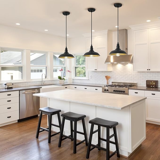 10in Dome Farmhouse Pendant Lights Black and Brass Kitchen Island Hanging Light Fixture for House Outdoor Barn Pendant Ceiling Lighting for Dinning Room Entryway Deck Adjustable Length