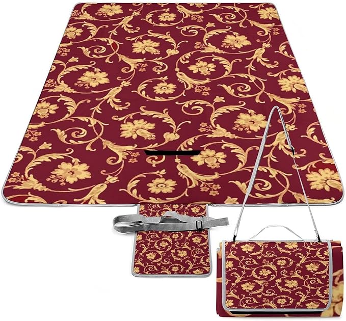 Vintage Victorian Damask Maroon Gold Floral Burgundy Antique Waterproof Outdoor Picnic Blanket Sandproof Beach Mat for Camping Hiking Grass Travelling