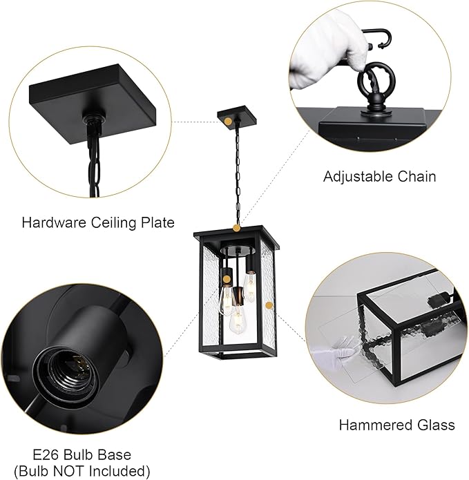 TODOLUZ Large 3-Light Outdoor Pendant Light Fixture Exterior Hanging Porch Lighting with Hammered Glass Adjustable Long Chain &amp E26 Bulb Base
