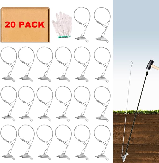 Drive-in Ground Earth Anchors for Sheds (20 Pack) Duck Bill Tree Anchor Kit with 30 inch Wire Cables for ShedCoyote Traps CanopyFencesTentsSwing Set Green House Easy to Use