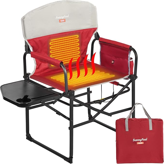 SUNNYFEEL Heated Camping Directors Chair Heavy DutyOversized Outdoor Portable Heating Folding Chair with Side Table Pocket for Beach FishingTripPicnicLawnConcert Foldable Camp Chairs