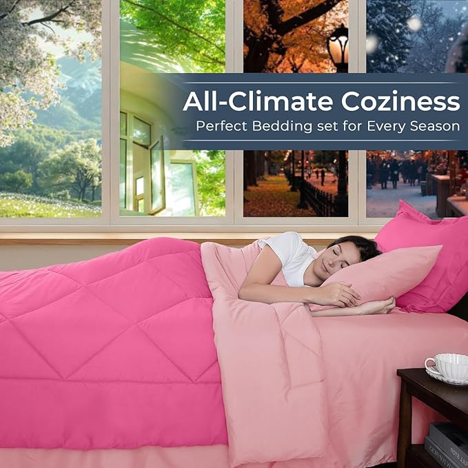 HEVUMYI Hot Pink &amp Baby Pink Twin Comforter Set - 5-Piece All Season Bed in a Bag Twin Ultra Soft Bedding Set with Comforter Flat Sheet Fitted Sheet Pillowcases Pillow Shams