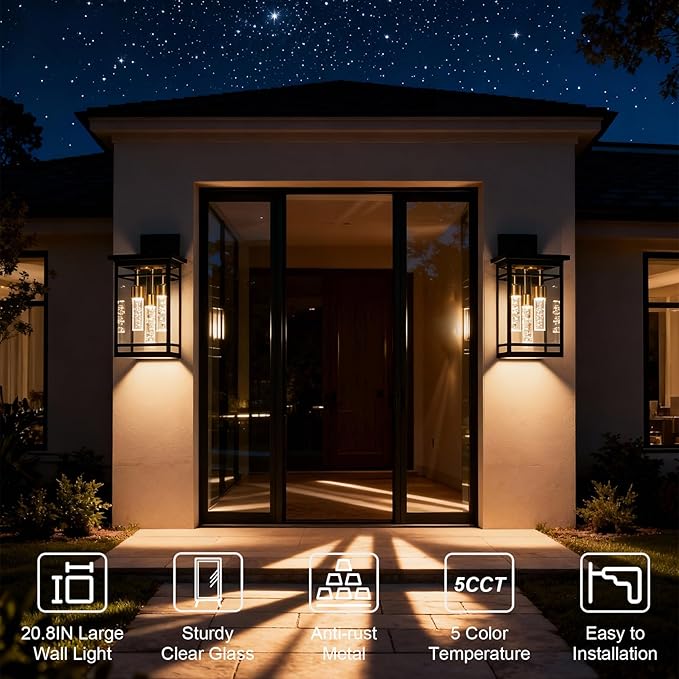 3 Lights Outdoor LED Wall Light Fixtures for Porch5CCT Brass Black Outdoor Wall Sconce LightsLED Integrated Bulbs Hanging Lantern LightsExterior Lighting Fixtures for PatioGarage