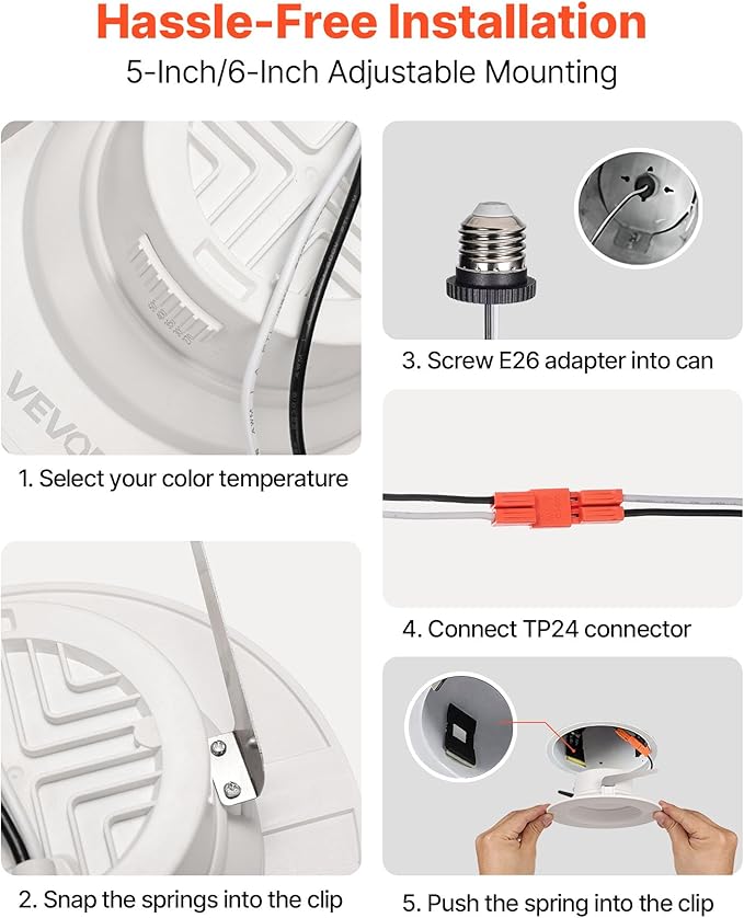 VEVOR 10 Pack LED Recessed Lighting 4 Inches Retrofit Can Lights 750 LM 9W 120V Selectable 5CCT 2700K/3000K/3500K/4000K/5000K 10% to 100% Dimmable Compatible with E26 Base and TP24 Connector