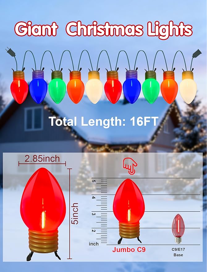 Giant Outdoor Christmas Lights16ft Jumbo Christmas Lights String Lights with 10 Large Multicolored BulbsConnectable Outdoor Decorations Lights for Porch Garden Eave Xmas Trees Roof Decor