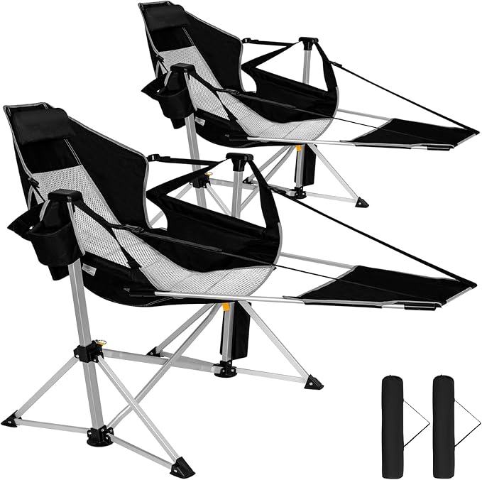 Romswi 2-Pack Aluminum Hammock Chair with Footrest Oversized Portable Folding Swinging Chair with Adjustable Back &amp Seat Lightweight Rocking Camp Chair Supports 440lbs for Outdoor Patio - Black