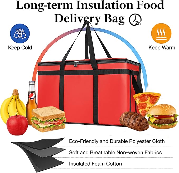 Bodaon Large 2-Pack Insulated Food Delivery Bag With Hard Bottom XXXL Bags Rideshare Delivery Bag Grocery Shopping and Catering Cold/Hot Styrofoam Carrier for Travel/Car