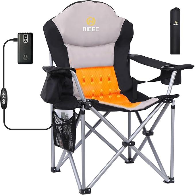 Nice C Heated Camping Chair with Battery Outdoor Sports Heated Chair Heated Camping Chairs for Adults Folding Beach Chair Heavy Duty Cooler Carry Bag 10000mAh Power Bank Included (1 Pack)